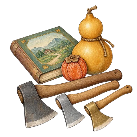 A gourd, a dried persimmon and three different metal axes beside a storybook