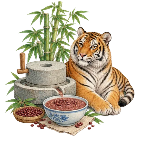A red-bean porridge bowl, a stone mill and a tiger beside tall bamboo