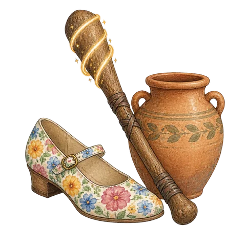 A flower-patterned shoe beside a magic wooden club and an earthenware jar