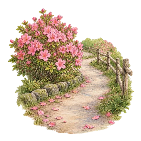 Pink azalea petals scattered along a winding empty path