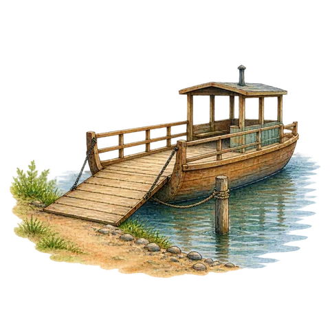 A small wooden ferryboat waiting beside an empty riverbank
