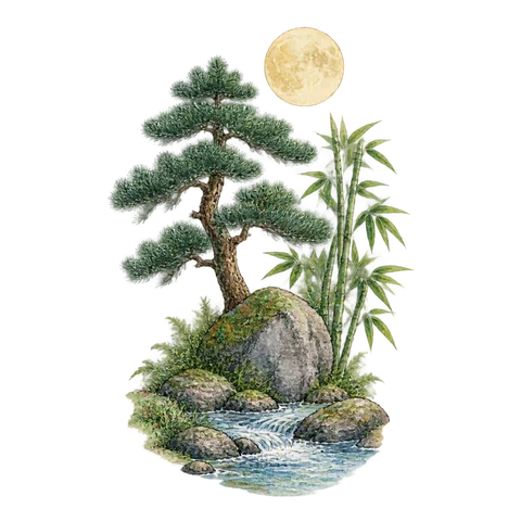 A moon above a pine tree, bamboo, a rock and flowing water