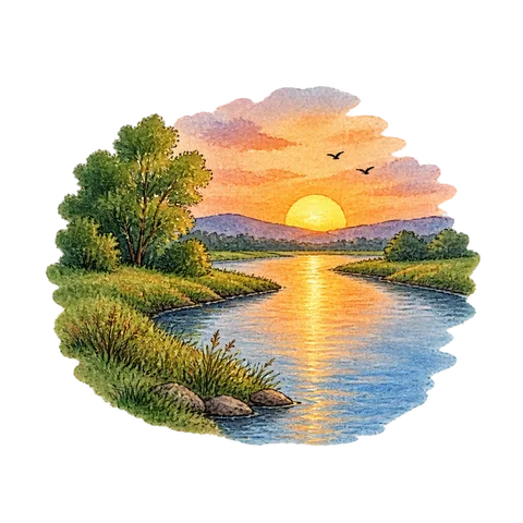 A river bend below a setting sun with two small black birds