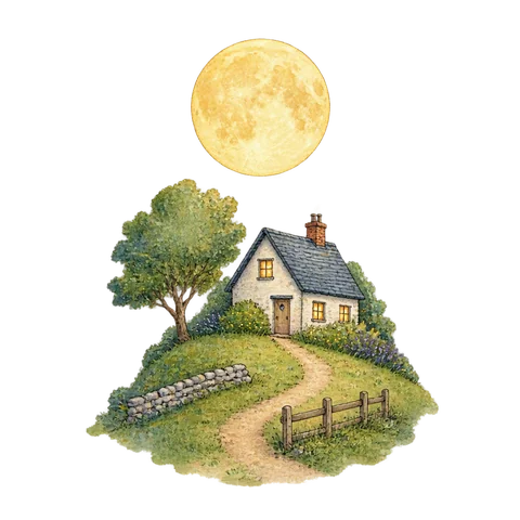 A bright round moon above a tiny quiet hillside