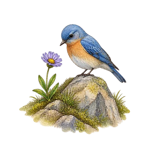 A single small flower and a bird on a mountain slope