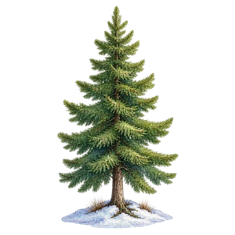 A green pine tree rooted beside a patch of snow