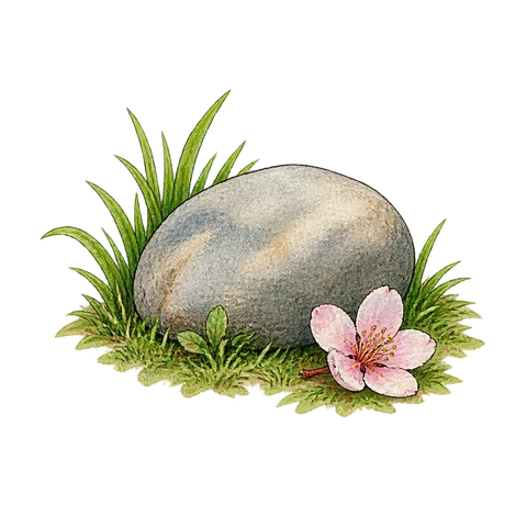 A smooth rock beside green grass and one fallen blossom
