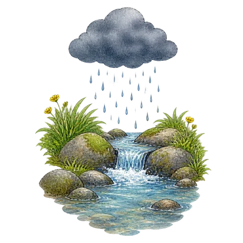Clear flowing water beneath one dark cloud