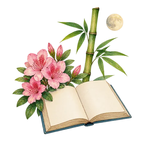 An open blank poetry book beside a pink azalea, a bamboo stem and a small moon