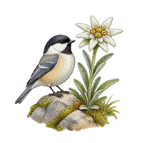 A small bird beside a mountain flower