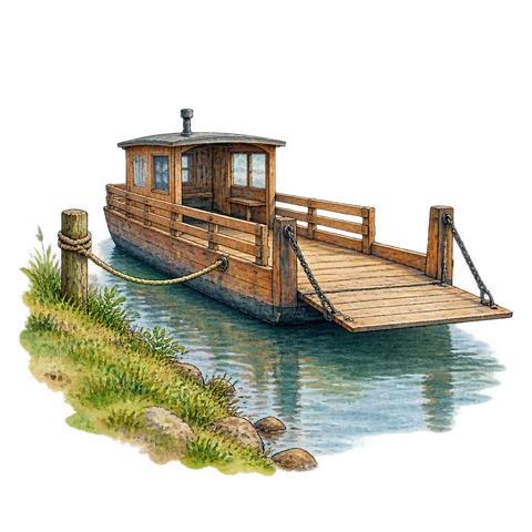 A wooden ferryboat tied to a quiet bank