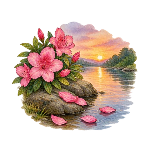 Azalea petals beside a river at sunset