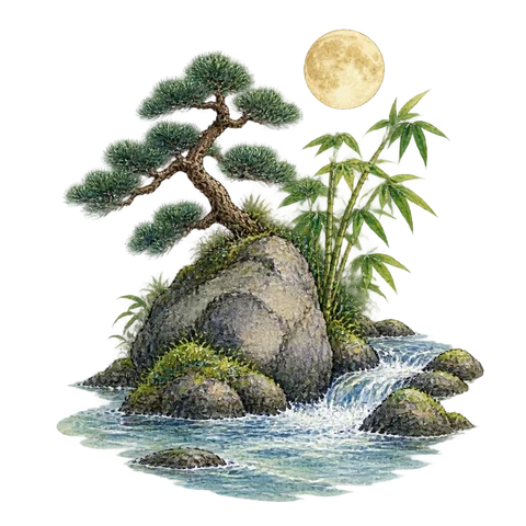Water flowing past a rock with pine, bamboo and a moon