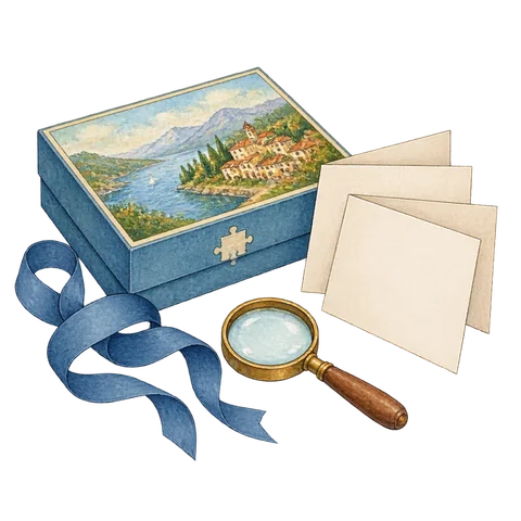 A closed puzzle box beside three blank folded cards, a ribbon and a small magnifying glass
