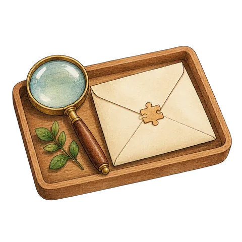 A magnifying glass and a closed blank puzzle envelope on a small wooden tray