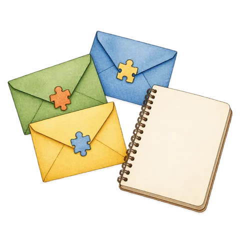 Three closed puzzle envelopes in different colors beside a blank notebook