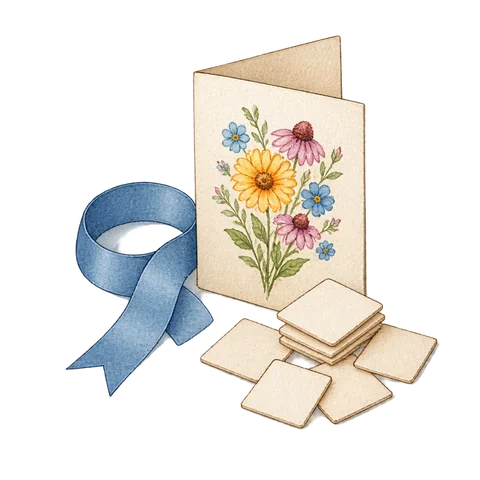 Blank square word tiles beside a folded card and a ribbon loop
