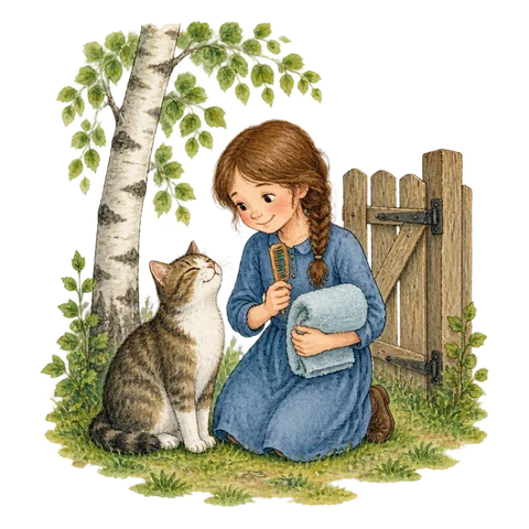 A girl with a comb and folded towel beside a grateful cat, a birch tree and a wooden gate