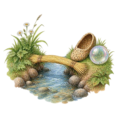 A straw stretched over a tiny stream, a woven bast shoe and a round bubble on the bank