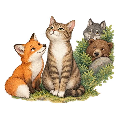 A proud ordinary cat beside an admiring fox while a wolf and bear peek from hiding
