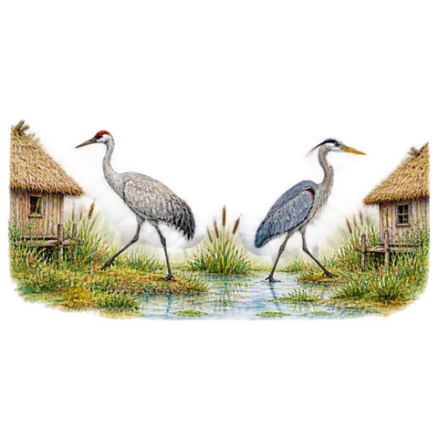A crane and a heron walking in opposite directions between two huts at the edges of a marsh