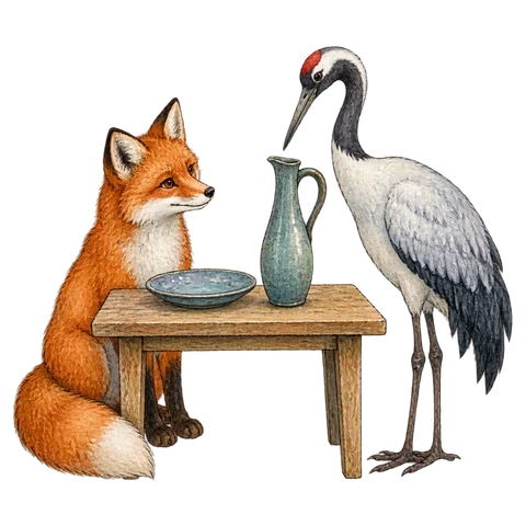 A fox beside a flat plate and a crane beside a tall narrow jug on a woodland table