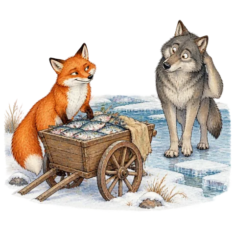 A sly fox beside a cart of fish and a puzzled wolf near a frozen river