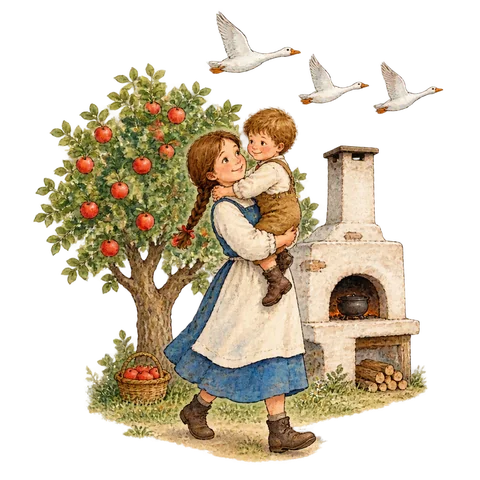 A girl carrying a little boy past an apple tree and a traditional stove as white geese fly overhead