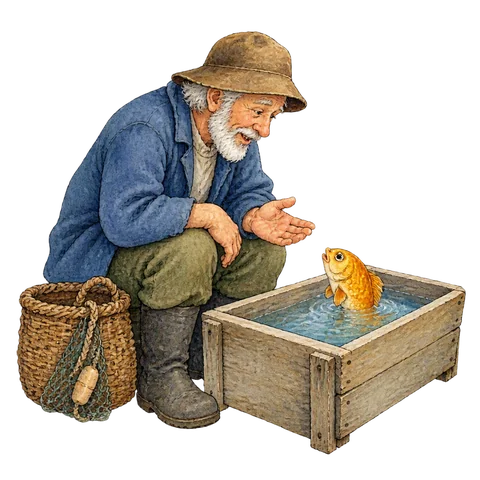 An elderly fisherman at the sea speaking to a small golden fish near a simple wooden trough