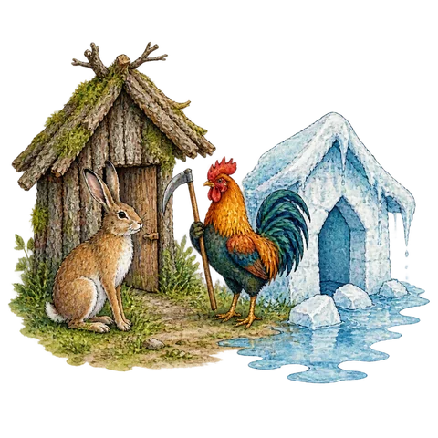 A hare beside a bark hut, a rooster holding a small scythe, and the last remains of a melting ice house