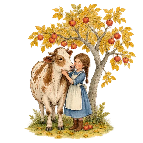 A girl beside a gentle speckled cow and an apple tree with golden leaves and silver branches