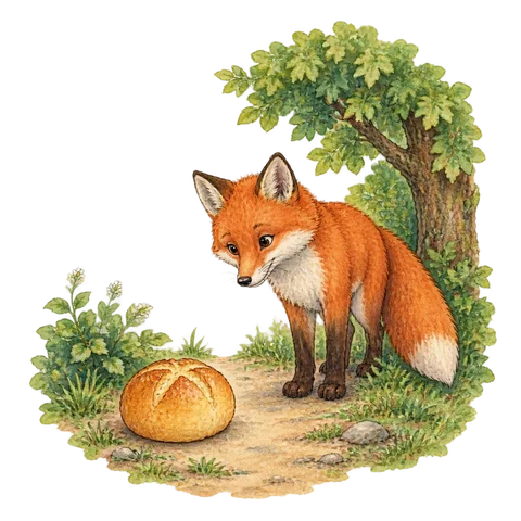 A round golden bread roll on a forest path meeting a red fox beside a green tree