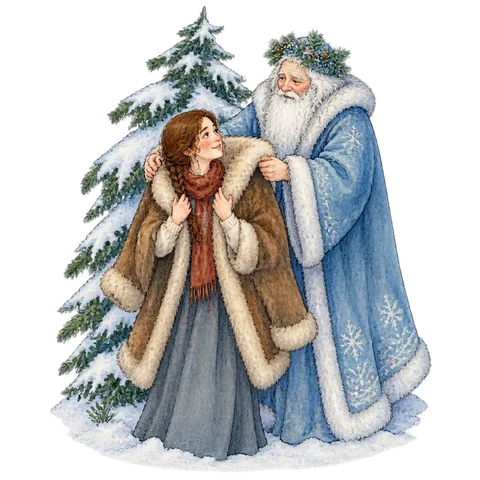 A young woman beneath a snowy pine receiving a warm fur coat from an elderly winter spirit