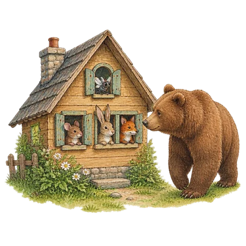 A tiny wooden house with a fly, mouse, hare and fox at its windows while a large bear approaches