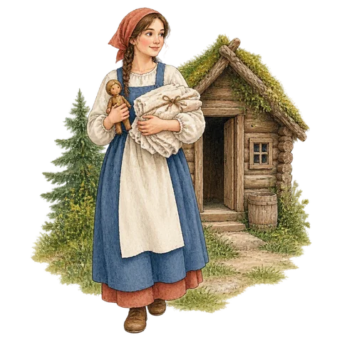 A young woman with a small wooden doll and a bundle of fine linen outside a forest hut