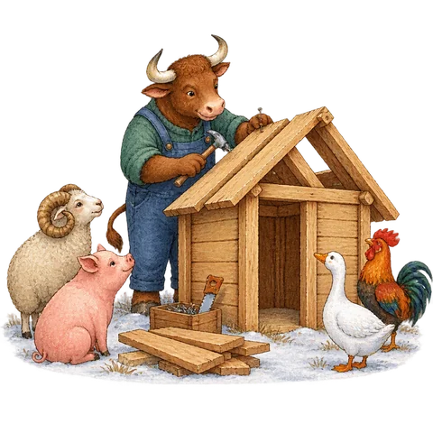 A bull building a wooden winter hut while a ram, pig, goose and rooster wait nearby