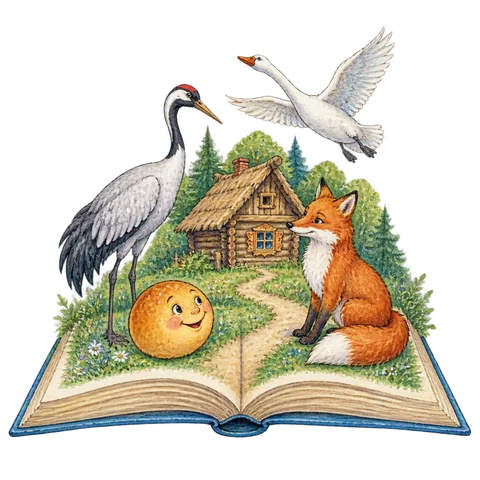 An open Russian storybook with a round bread roll, a wooden forest hut, a crane, a fox and white swan-geese above a winding path