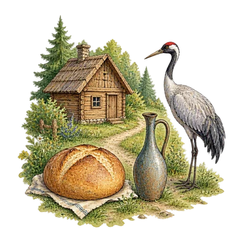 A round loaf, a small wooden hut and a crane’s narrow jug beside a forest path
