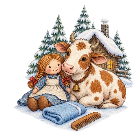 A helpful doll, a speckled cow, a comb and towel beside a snowy forest hut