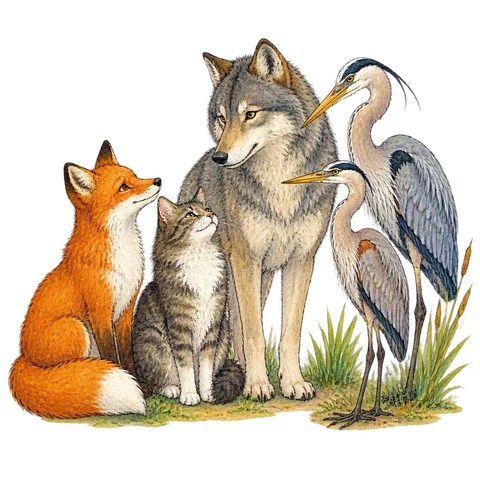 A fox and a proud cat meeting a wolf and two long-legged marsh birds