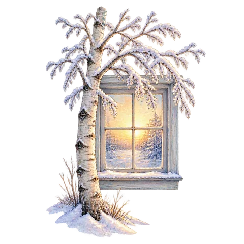 A white birch under a window with silver snowy branches glowing in golden dawn