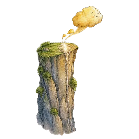 A small golden cloud leaving a tall solitary cliff with a glistening damp mark