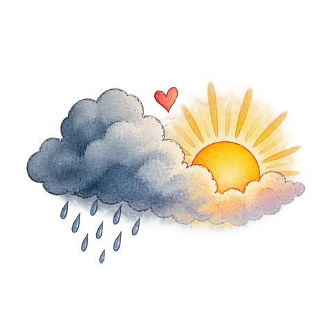 A small heart beside a storm cloud giving way to a warm sunrise