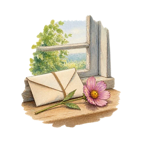 A folded letter and a single flower beside a quiet window