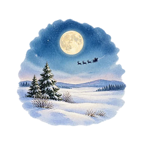 A full moon above a snowy plain with a small distant sleigh