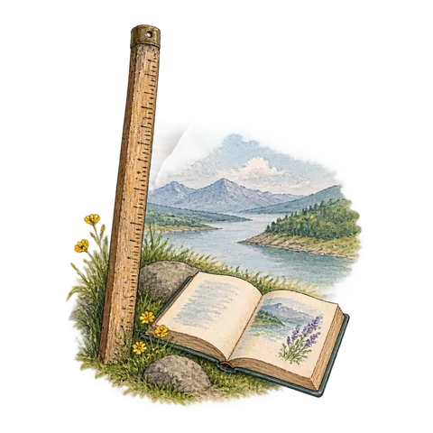 An old measuring rod beside a distant landscape and a small open poetry book
