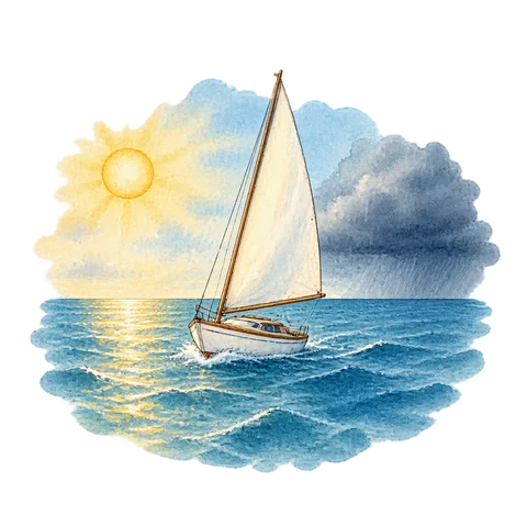 A single white sail between blue sea, sunlight and a distant storm
