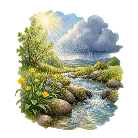 Spring rain sparkling in sunshine above a lively stream and a distant thundercloud