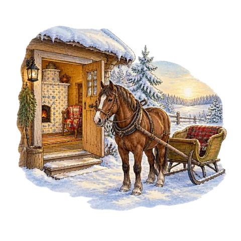 Sunlit snow outside a warm room with a tiled stove and a waiting brown horse and sleigh