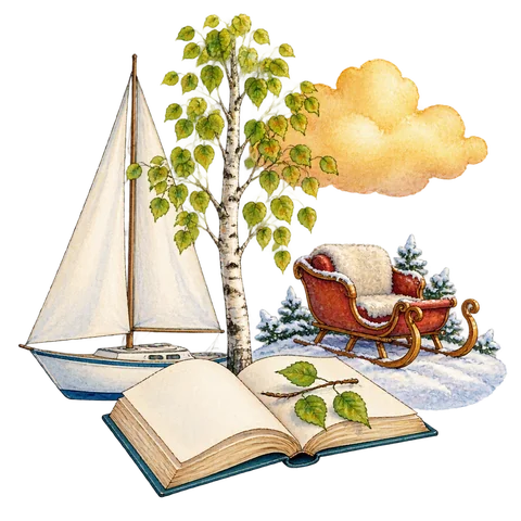 An open poetry book beside a white sail, a silver birch, a golden cloud and a snowy sleigh